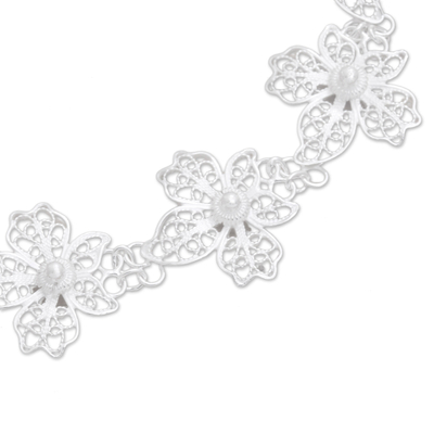 Sterling silver filigree link bracelet, 'Javanese Orchid' - Sterling Silver Filigree Orchid Flower Link Bracelet