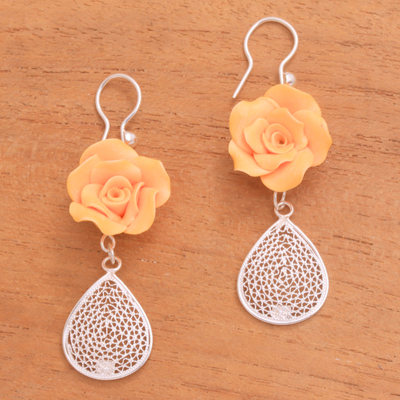 Sterling silver filigree dangle earrings, 'Orange Garden' - Sterling Silver and Orange Rose Polymer Clay Dangle Earrings