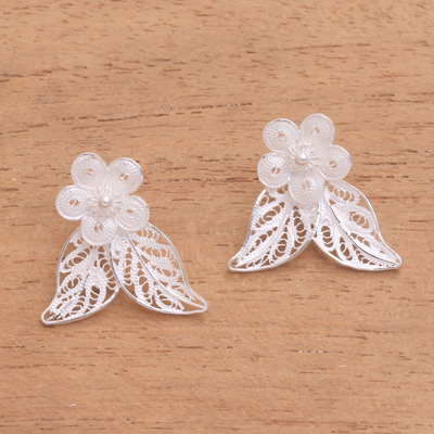 Sterling silver filigree drop earrings, 'Hanging Flower' - Sterling Silver Filigree Floral Leaves Drop Earrings