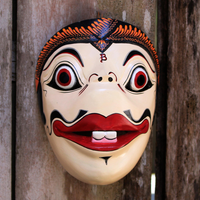 Wood mask, 'Bagong' - Hand Painted Batik Albesia Wood Mask from Indonesia