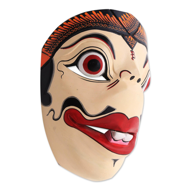 Wood mask, 'Bagong' - Hand Painted Batik Albesia Wood Mask from Indonesia