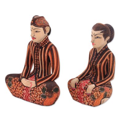 Two Wedding Couple Javanese Wood Batik Sculptures - Inseparable Couple ...