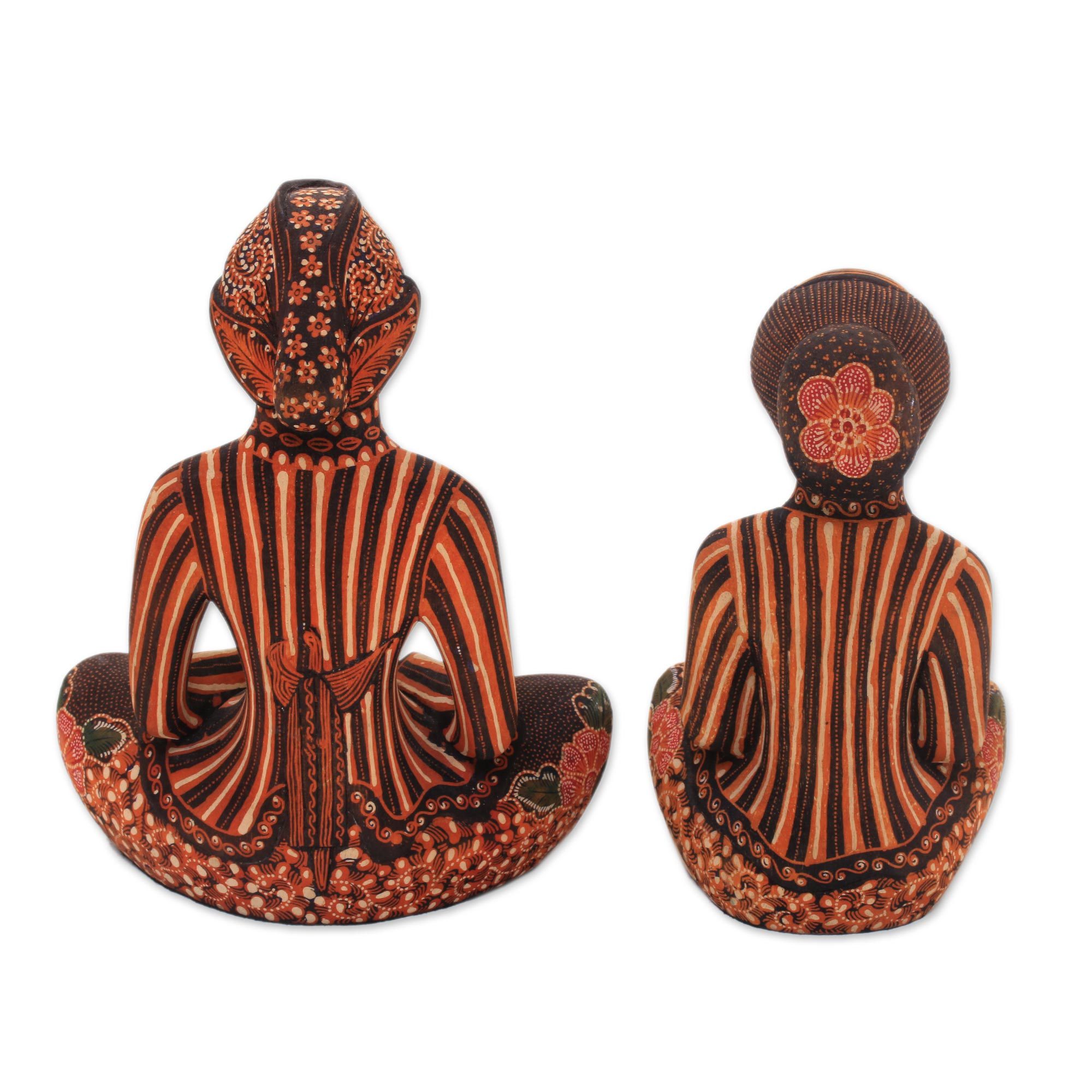 Two Wedding Couple Javanese Wood Batik Sculptures - Inseparable Couple ...