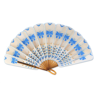 Leather fan, 'Blue Butterfly Arch' - Leather and Buffalo Horn Blue and White Butterfly Hand Fan