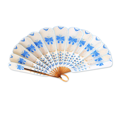 Leather fan, 'Blue Butterfly Arch' - Leather and Buffalo Horn Blue and White Butterfly Hand Fan