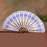 Leather fan, 'Purple Butterfly Arch' - White and Purple Filigree Hand-Painted Leather Fan