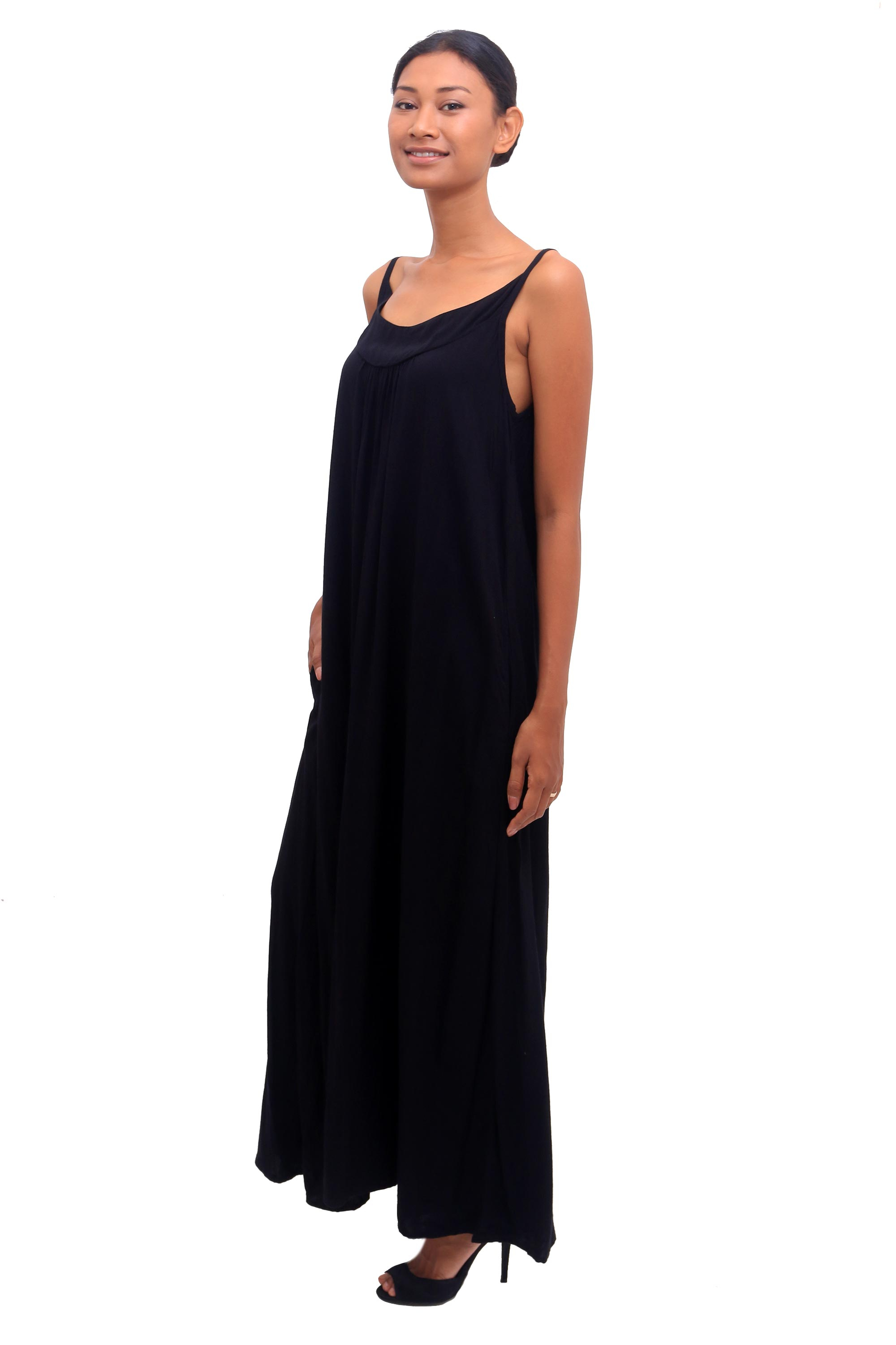 Rayon Maxi Sundress in Solid Black from Bali - Black Intrigue | NOVICA