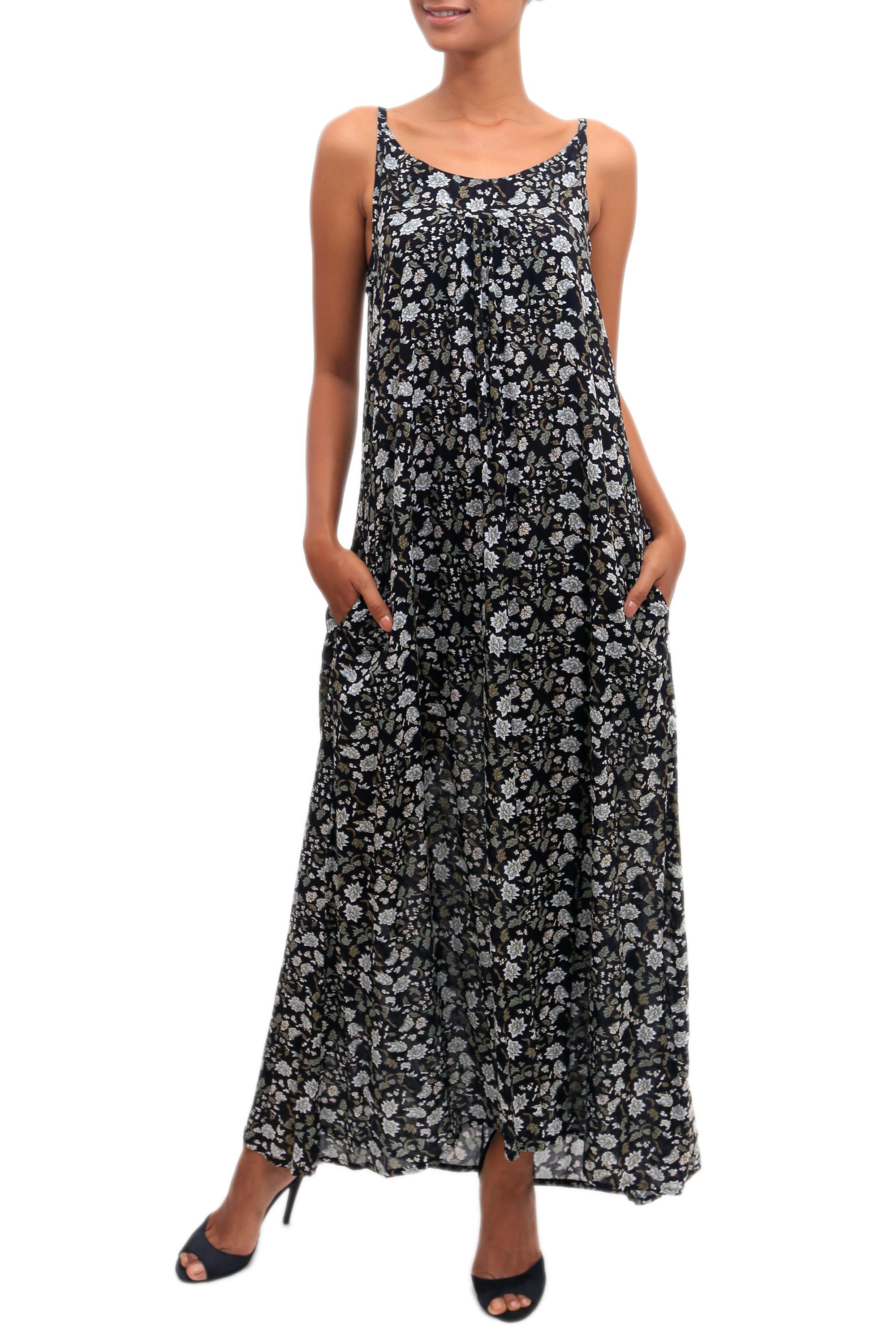 Floral Printed Rayon Maxi Sundress from Bali - Venus Flowers | NOVICA