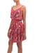 Vestido corto de cintura imperio de rayón - Vestido corto de rayón floral con cintura imperio en color fresa