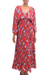 Rayon caftan, 'Strawberry Bouquet' - Floral Rayon Caftan in Strawberry from Bali (image 2a) thumbail