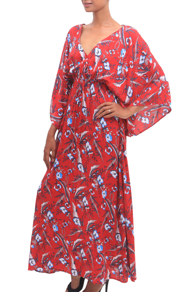Rayon caftan, 'Strawberry Bouquet' - Floral Rayon Caftan in Strawberry from Bali