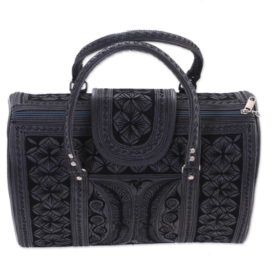 Cotton handbag, 'Aceh Motifs' - Black and Grey Handwoven Embroidered Cotton Handbag