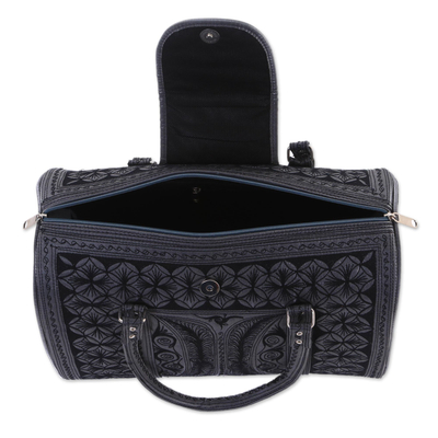 Cotton handbag, 'Aceh Motifs' - Black and Grey Handwoven Embroidered Cotton Handbag