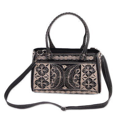 Cotton handbag, 'Leuser Alabaster' - Hand-Embroidered Cotton Handbag in Alabaster and Black