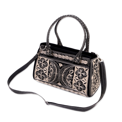 Cotton handbag, 'Leuser Alabaster' - Hand-Embroidered Cotton Handbag in Alabaster and Black