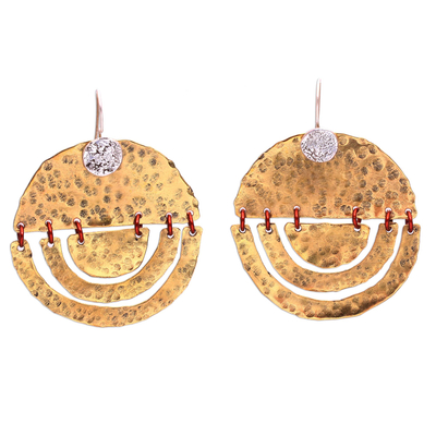 Sterling silver and brass dangle earrings, 'Kuta Glimmer' - Modern Sterling Silver and Brass Dangle Earrings from Bali