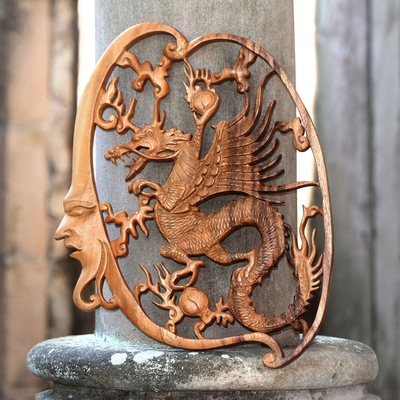 Panel en relieve de madera - Panel de pared en relieve de madera tallada a mano con dragón Antaboga de Bali