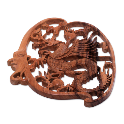 Wood relief panel, 'Antaboga Dragon' - Antaboga Dragon Hand Carved Wood Relief Wall Panel from Bali
