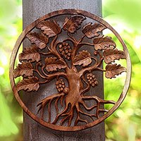 Wood relief panel, 'Grape Tree' - Tree-Themed Suar Wood Relief Panel from Bali