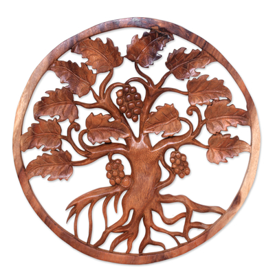 Wood relief panel, 'Grape Tree' - Tree-Themed Suar Wood Relief Panel from Bali