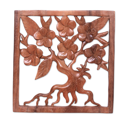 Wood relief panel, 'Plumeria Tree' - Plumeria Tree Hand Carved Square Wood Relief Wall Panel