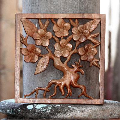 Wood relief panel, 'Plumeria Tree' - Plumeria Tree Hand Carved Square Wood Relief Wall Panel