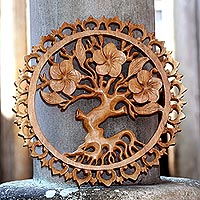 Wood relief panel, 'Jepun's Aura' - Plumeria Tree Hand-Carved Circular Wood Relief Wall Panel