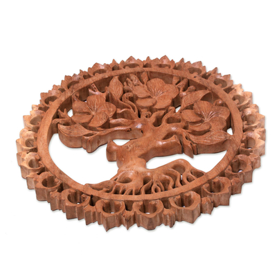 Wood relief panel, 'Jepun's Aura' - Plumeria Tree Hand-Carved Circular Wood Relief Wall Panel