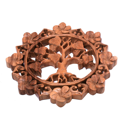 Wood relief panel, 'Buleleng Vines' - Grape Tree Hand Carved Circular Wood Relief Wall Panel