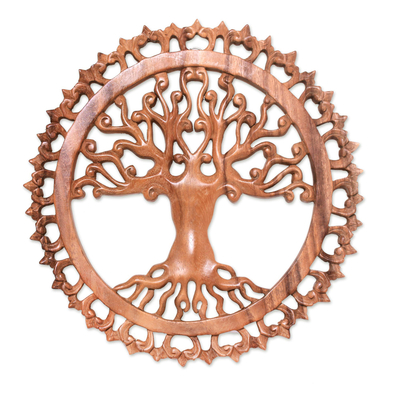 Wood wall relief panel, 'Bali Tree of Life' - Ornate Tree Hand Carved Circular Wood Relief Wall Panel