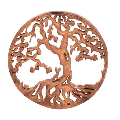 Wood relief panel, 'Trunyan Mystery' - Trunyan Tree Hand Carved Circular Wood Relief Wall Panel