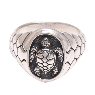 Men's sterling silver ring, 'Gallant Turtle' - Men's Sterling Silver Sea Turtle Ring from Bali