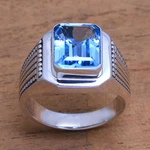 Men's blue topaz single-stone ring, 'Temple Glitter' - Men's Blue Topaz Single Stone Ring from Bali