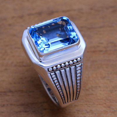 Men's Blue Topaz Single Stone Ring from Bali - Temple Glitter | NOVICA