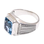 Men's blue topaz single-stone ring, 'Temple Glitter' - Men's Blue Topaz Single Stone Ring from Bali