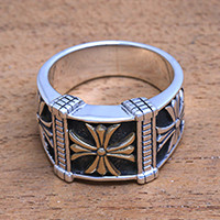 Men's sterling silver band ring, 'Triple Cross' - Men's Cross Motif Sterling Silver Band Ring from Bali