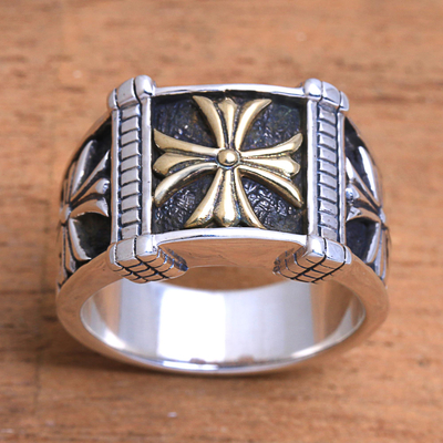 Men's sterling silver band ring, 'Triple Cross' - Men's Cross Motif Sterling Silver Band Ring from Bali