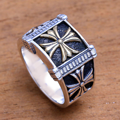 Anillo de plata de ley para hombre. - Anillo de plata de ley con motivo de cruz para hombre de Bali.