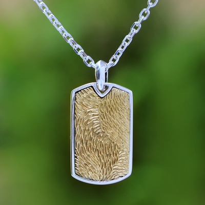 Men's sterling silver pendant necklace, 'Golden Fur' - Men's Sterling Silver and Brass Pendant Necklace from Bali