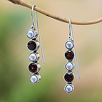 Garnet and cultured pearl drop earrings, 'Beautiful Constellation' - Garnet and Cultured Pearl Drop Earrings from Bali