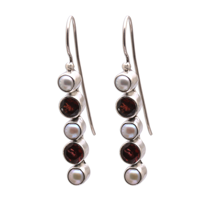 Garnet and cultured pearl drop earrings, 'Beautiful Constellation' - Garnet and Cultured Pearl Drop Earrings from Bali