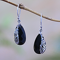Onyx dangle earrings, 'Night Sorceress' - Drop-Shaped 5-Carat Onyx Dangle Earrings from Bali