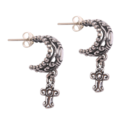 Sterling silver dangle earrings, 'Celuk Cross' - Sterling Silver Cross Dangle Earrings from Bali