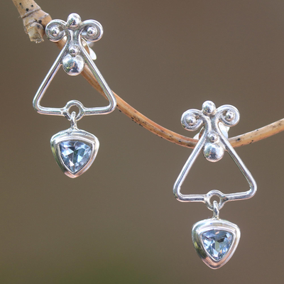 Blue topaz dangle earrings, 'Triangle Dew' - Triangular Blue Topaz Dangle Earrings from Bali