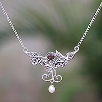 Featured review for Garnet and cultured pearl pendant necklace, Garden Vine