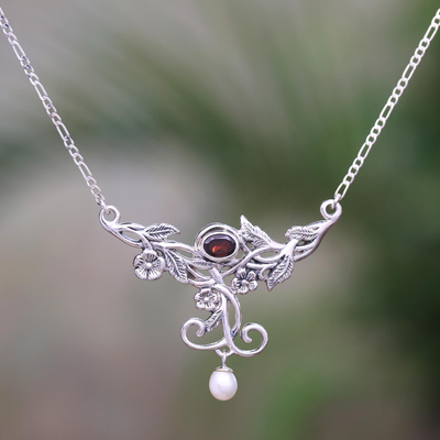 Garnet and cultured pearl pendant necklace, 'Garden Vine' - Floral Garnet and Cultured Pearl Pendant Necklace