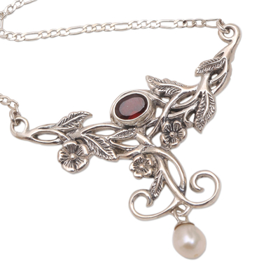 Garnet and cultured pearl pendant necklace, 'Garden Vine' - Floral Garnet and Cultured Pearl Pendant Necklace