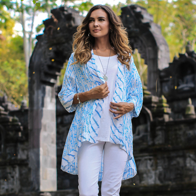 Rayon kimono, 'Azure Helix' - Printed Rayon Kimono in Azure from Bali