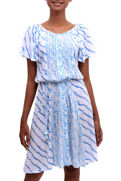 Printed Rayon Tunic-Style Dress in Azure from Bali