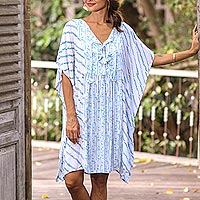 Helix Motif Rayon Short-Sleeve Tunic-Style Dress from Bali,'Azure Helix'